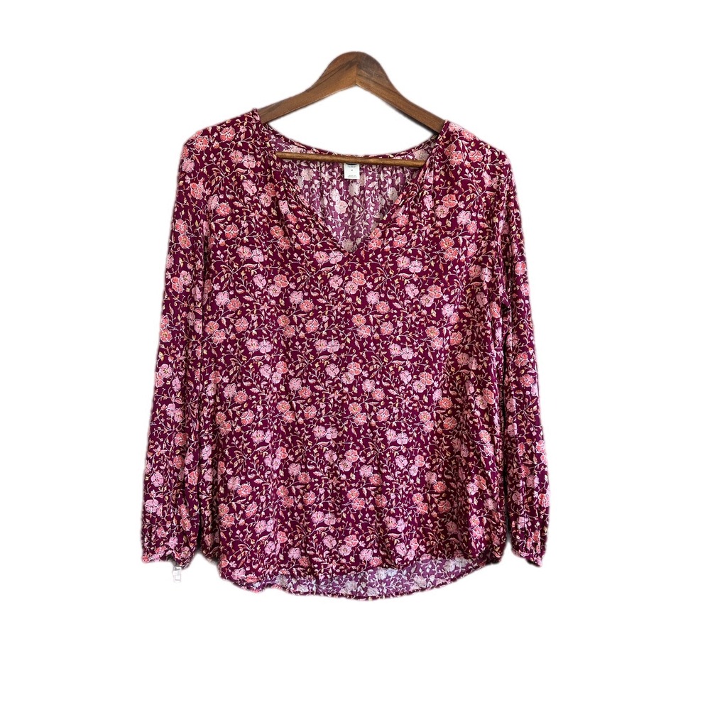 Old Navy Burgundy Floral Long Sleeve V Neck Blouse‎ Women's Size Medium